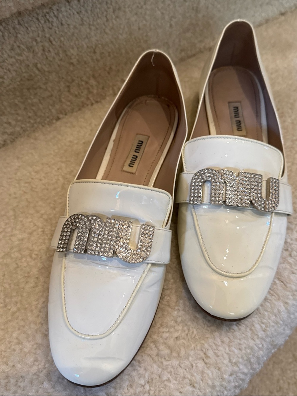 Miu Miu White Patent Leather Crystal-Embellished Loafers